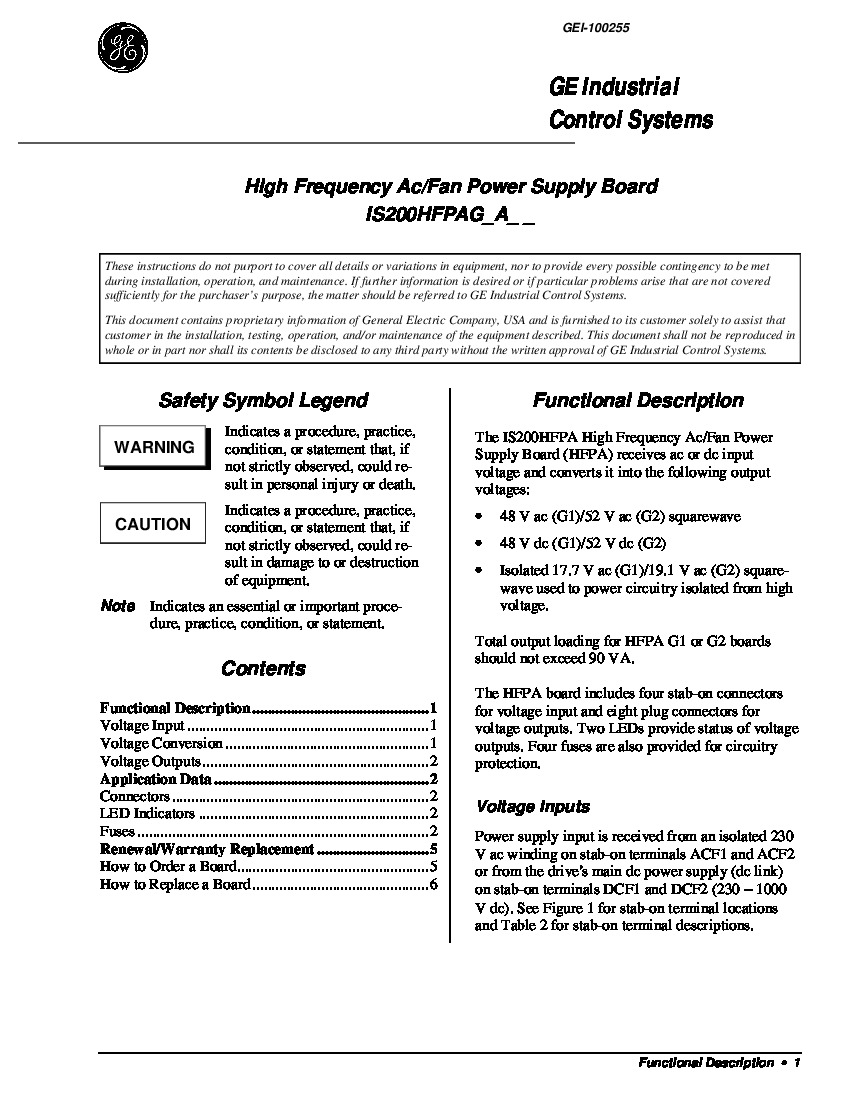 First Page Image of IS200HFPAG High Frequency AC Fan Power Supply Board GEI-100255.pdf